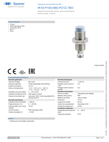 Baumer IR18.P15S-N60.PO1Z.7BO Inductive proximity switch Fiche technique | Fixfr