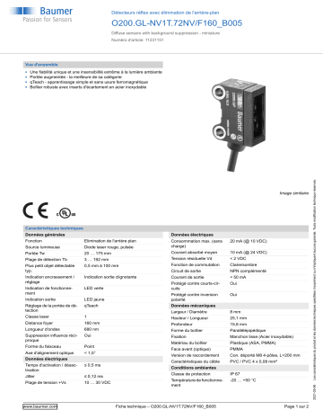 Baumer O200.GL-NV1T.72NV/F160_B005 Diffuse sensor Fiche technique | Fixfr