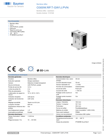 Baumer O300W.RP.T-GW1J.PVN Retro-reflective sensor Fiche technique | Fixfr