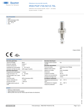 Baumer IR08.P02F-F46.NO1Z.7SL Inductive proximity switch Fiche technique | Fixfr