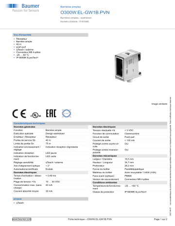Baumer O300W.EL-GW1B.PVN Through beam sensor Fiche technique | Fixfr