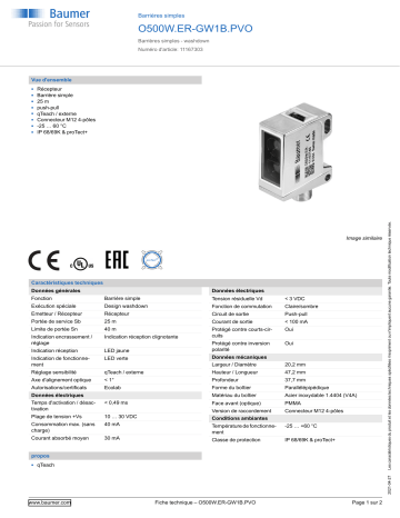 Baumer O500W.ER-GW1B.PVO Through beam sensor Fiche technique | Fixfr