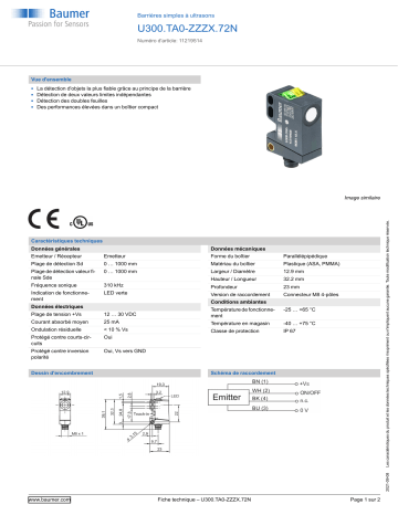 Baumer U300.TA0-ZZZX.72N Ultrasonic through beam sensor Fiche technique | Fixfr