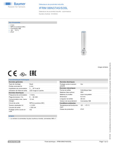 Baumer IFRM 06N37A5/S35L Inductive proximity switch Fiche technique | Fixfr