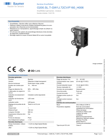 Baumer O200.SL.T-GW1J.72CV/F160_H006 SmartReflect Light barrier Fiche technique | Fixfr