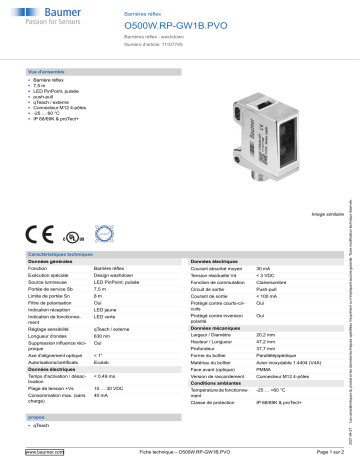 Baumer O500W.RP-GW1B.PVO Retro-reflective sensor Fiche technique | Fixfr