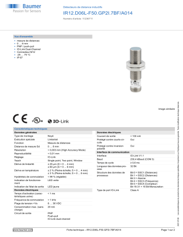 Baumer IR12.D06L-F50.GP2I.7BF/A014 Inductive distance sensor Fiche technique | Fixfr