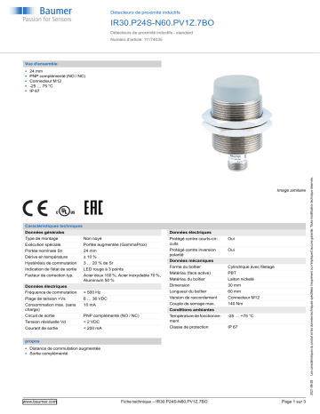 Baumer IR30.P24S-N60.PV1Z.7BO Inductive proximity switch Fiche technique | Fixfr