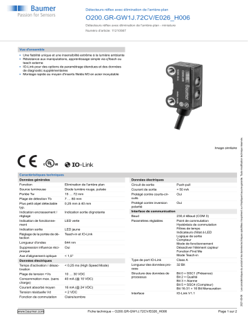 Baumer O200.GR-GW1J.72CV/E026_H006 Diffuse sensor Fiche technique | Fixfr