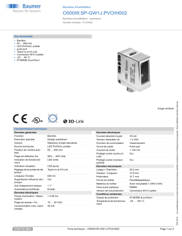 Baumer O500W.SP-GW1J.PVO/H002 SmartReflect Light barrier Fiche technique | Fixfr