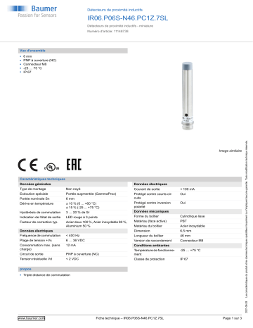 Baumer IR06.P06S-N46.PC1Z.7SL Inductive proximity switch Fiche technique | Fixfr