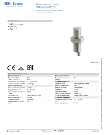 Baumer IFRM 12N3702/L Inductive proximity switch Fiche technique | Fixfr