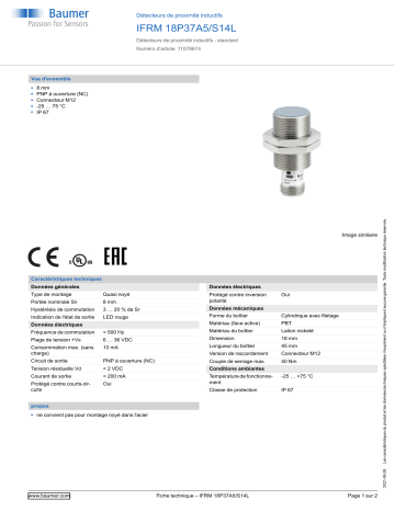 Baumer IFRM 18P37A5/S14L Inductive proximity switch Fiche technique | Fixfr