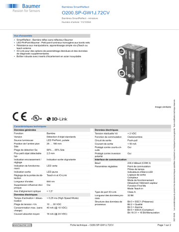 Baumer O200.SP-GW1J.72CV SmartReflect Light barrier Fiche technique | Fixfr