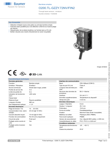 Baumer O200.TL-GZZY.72NV/FIN2 Through beam sensor Fiche technique | Fixfr