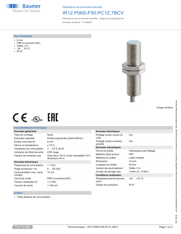 Baumer IR12.P06S-F50.PC1Z.7BCV Inductive proximity switch Fiche technique | Fixfr