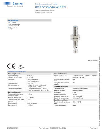 Baumer IR08.D03S-Q46.IA1Z.7SL Inductive distance sensor Fiche technique | Fixfr
