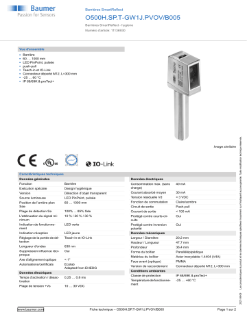 Baumer O500H.SP.T-GW1J.PVOV/B005 SmartReflect Light barrier Fiche technique | Fixfr