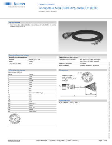 Baumer Connector M23 (S2BG12), 2 m cable (RTD) Cables / connector Fiche technique | Fixfr