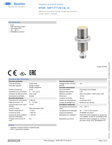 Baumer IFRR 18P17T1/S14L-9 Inductive proximity switch Fiche technique | Fixfr