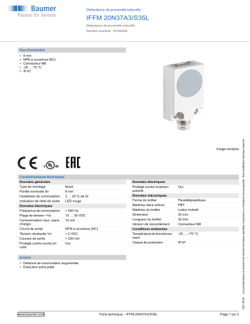 Baumer IFFM 20N37A3/S35L Inductive proximity switch Fiche technique | Fixfr