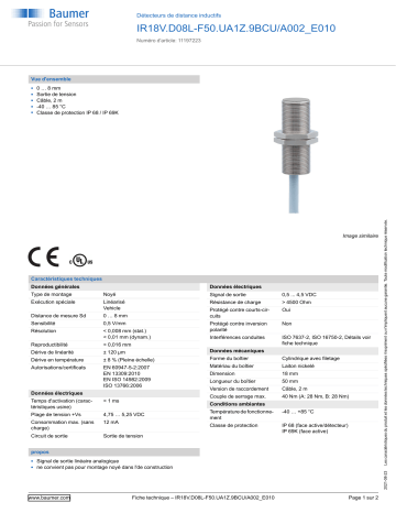 Baumer IR18V.D08L-F50.UA1Z.9BCU/A002_E010 Inductive distance sensor Fiche technique | Fixfr