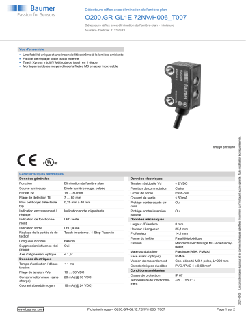 Baumer O200.GR-GL1E.72NV/H006_T007 Diffuse sensor Fiche technique | Fixfr