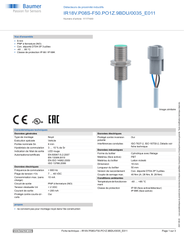 Baumer IR18V.P08S-F50.PO1Z.9BDU/0035_E011 Inductive proximity switch Fiche technique | Fixfr