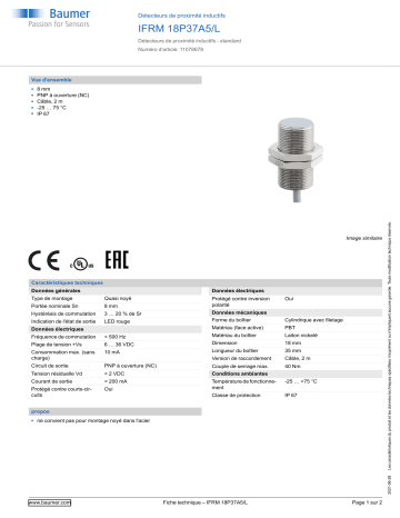 Baumer IFRM 18P37A5/L Inductive proximity switch Fiche technique | Fixfr