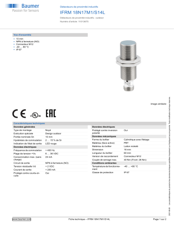 Baumer IFRM 18N17M1/S14L Inductive proximity switch Fiche technique | Fixfr