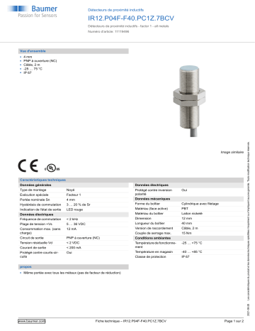 Baumer IR12.P04F-F40.PC1Z.7BCV Inductive proximity switch Fiche technique | Fixfr