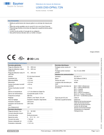 Baumer U300.D50-DPMJ.72N Ultrasonic distance measuring sensor Fiche technique | Fixfr