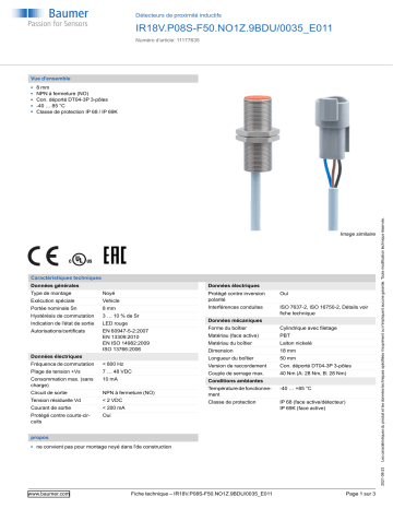 Baumer IR18V.P08S-F50.NO1Z.9BDU/0035_E011 Inductive proximity switch Fiche technique | Fixfr