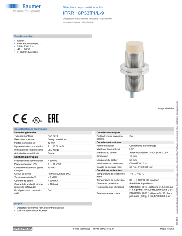 Baumer IFRR 18P33T1/L-9 Inductive proximity switch Fiche technique | Fixfr