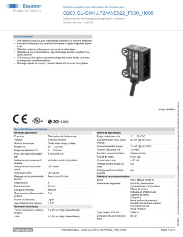 Baumer O200.GL-GW1J.72NV/E022_F060_H006 Diffuse sensor Fiche technique | Fixfr