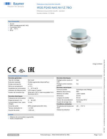 Baumer IR30.P24S-N45.NV1Z.7BO Inductive proximity switch Fiche technique | Fixfr