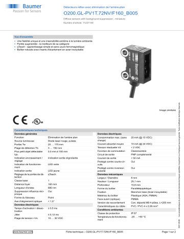 Baumer O200.GL-PV1T.72NV/F160_B005 Diffuse sensor Fiche technique | Fixfr