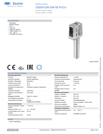Baumer O500H.ER-GW1B.PVCV Through beam sensor Fiche technique | Fixfr