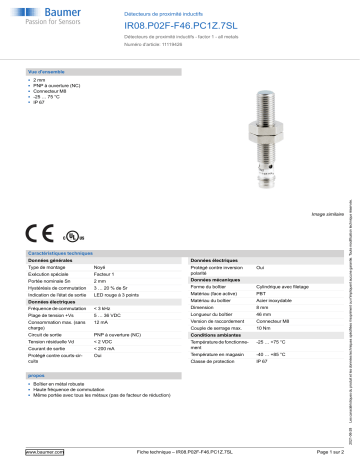 Baumer IR08.P02F-F46.PC1Z.7SL Inductive proximity switch Fiche technique | Fixfr