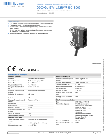 Baumer O200.GL-GW1J.72NV/F160_B005 Diffuse sensor Fiche technique | Fixfr