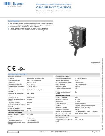 Baumer O200.GP-PV1T.72NV/B005 Diffuse sensor Fiche technique | Fixfr