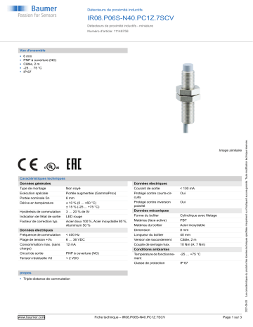 Baumer IR08.P06S-N40.PC1Z.7SCV Inductive proximity switch Fiche technique | Fixfr