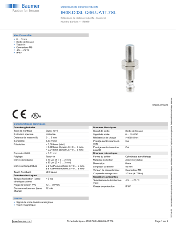 Baumer IR08.D03L-Q46.UA1T.7SL Inductive distance sensor Fiche technique | Fixfr