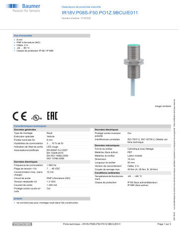 Baumer IR18V.P08S-F50.PO1Z.9BCU/E011 Inductive proximity switch Fiche technique | Fixfr