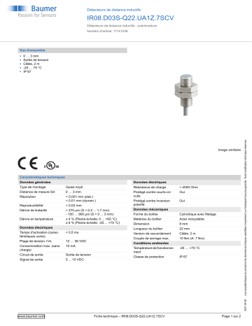 Baumer IR08.D03S-Q22.UA1Z.7SCV Inductive distance sensor Fiche technique | Fixfr