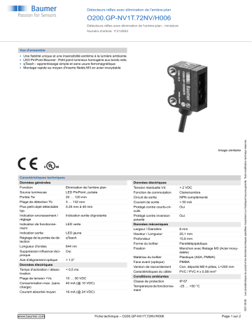 Baumer O200.GP-NV1T.72NV/H006 Diffuse sensor Fiche technique | Fixfr