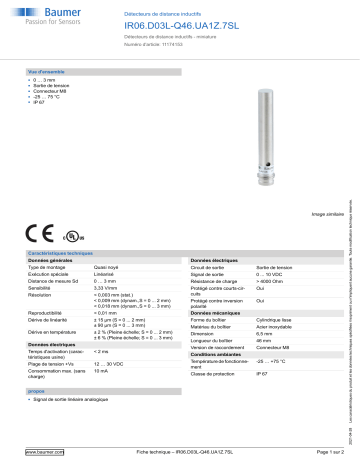 Baumer IR06.D03L-Q46.UA1Z.7SL Inductive distance sensor Fiche technique | Fixfr