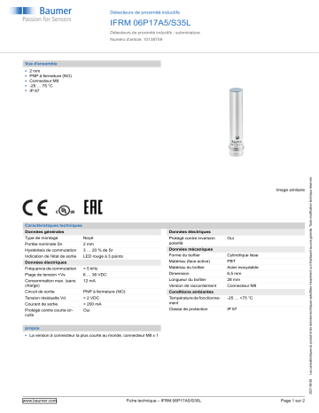 Baumer IFRM 06P17A5/S35L Inductive proximity switch Fiche technique | Fixfr