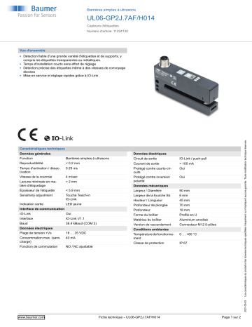 Baumer UL06-GP2J.7AF/H014 Ultrasonic through beam sensor Fiche technique | Fixfr