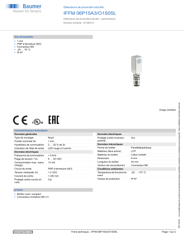 Baumer IFFM 06P15A3/O1S05L Inductive proximity switch Fiche technique | Fixfr